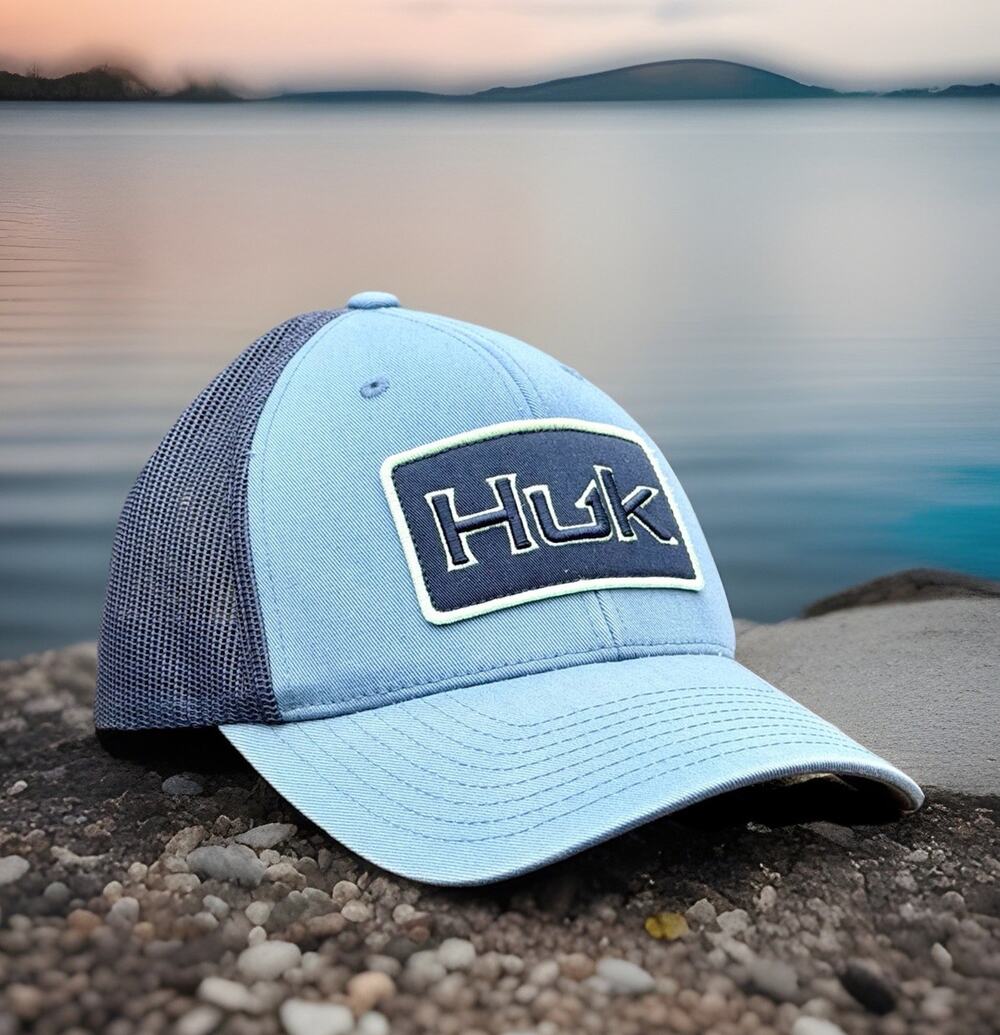 Huk Fishing Trucker Hat Cap Navy Blue Snap Back Mesh Logo